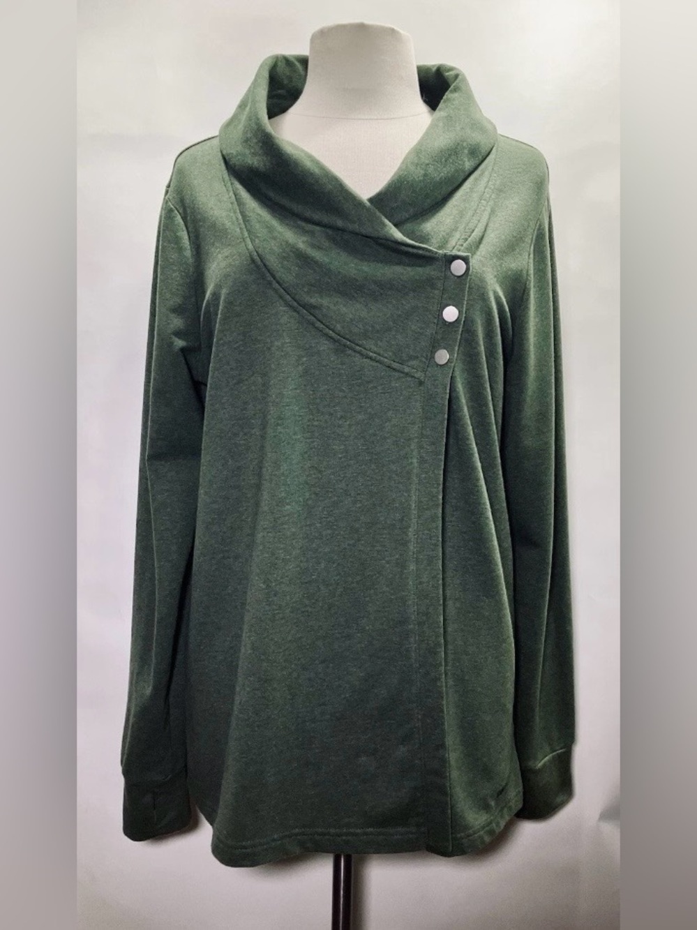Vintage Olive Green Danskin LS Mid-Wt Jersey Wrap Tunic w/ Thumb-Hole Cuffs-XL